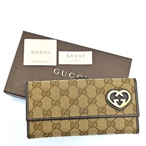 Authentic GUCCI GG Canvas Heart Long Wallet Brown Leather A3271GS501